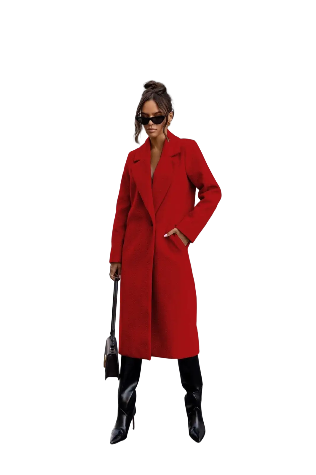A striking red wool trench coat for women featuring a classic double-breasted design and notched lapels for office wear