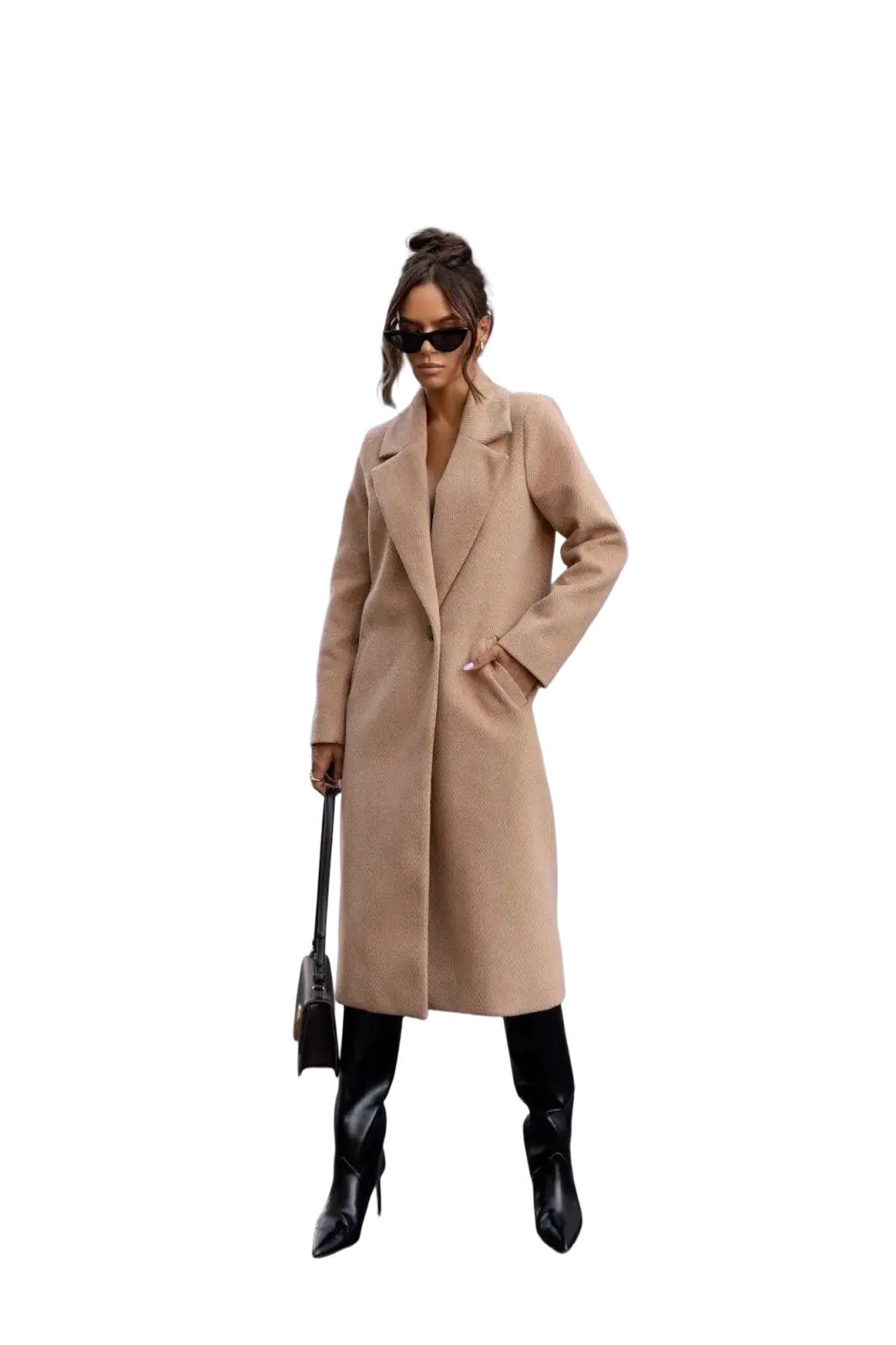 A camel-colored wool double-breasted coat with notched lapels for women office wear