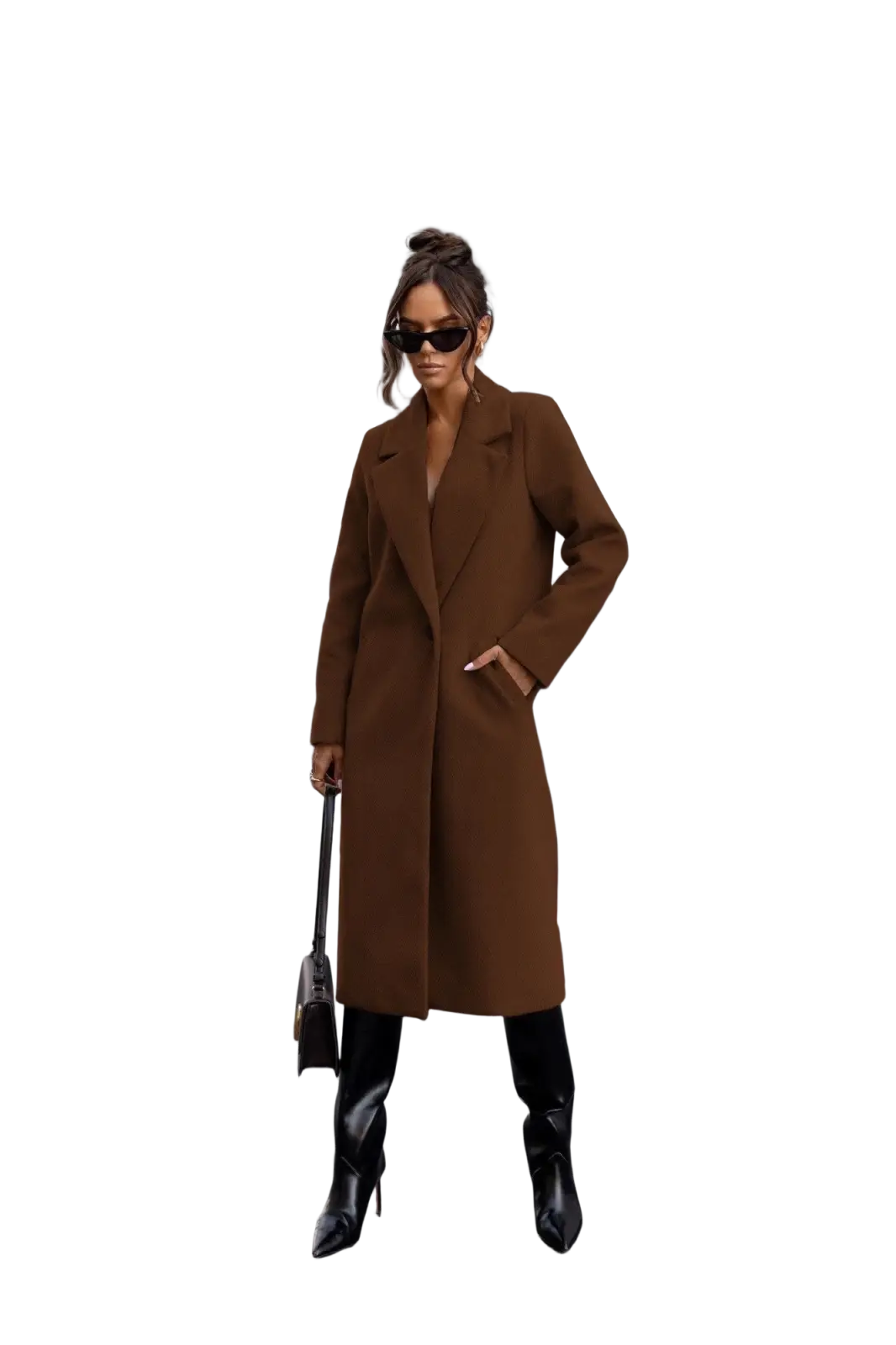 A sleek long brown wool trench coat for women with a double-breasted design and notched lapels for office wear