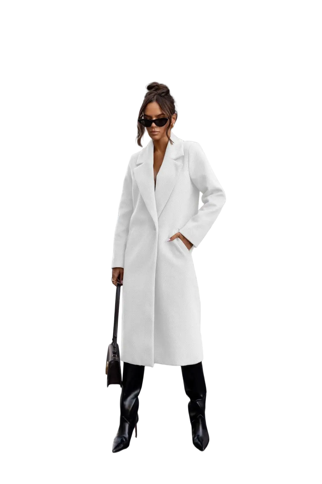 A sleek long white wool coat with a classic double-breasted design and notched lapels for office wear