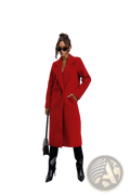 A striking red wool trench coat for women featuring a classic double-breasted design and notched lapels for office wear