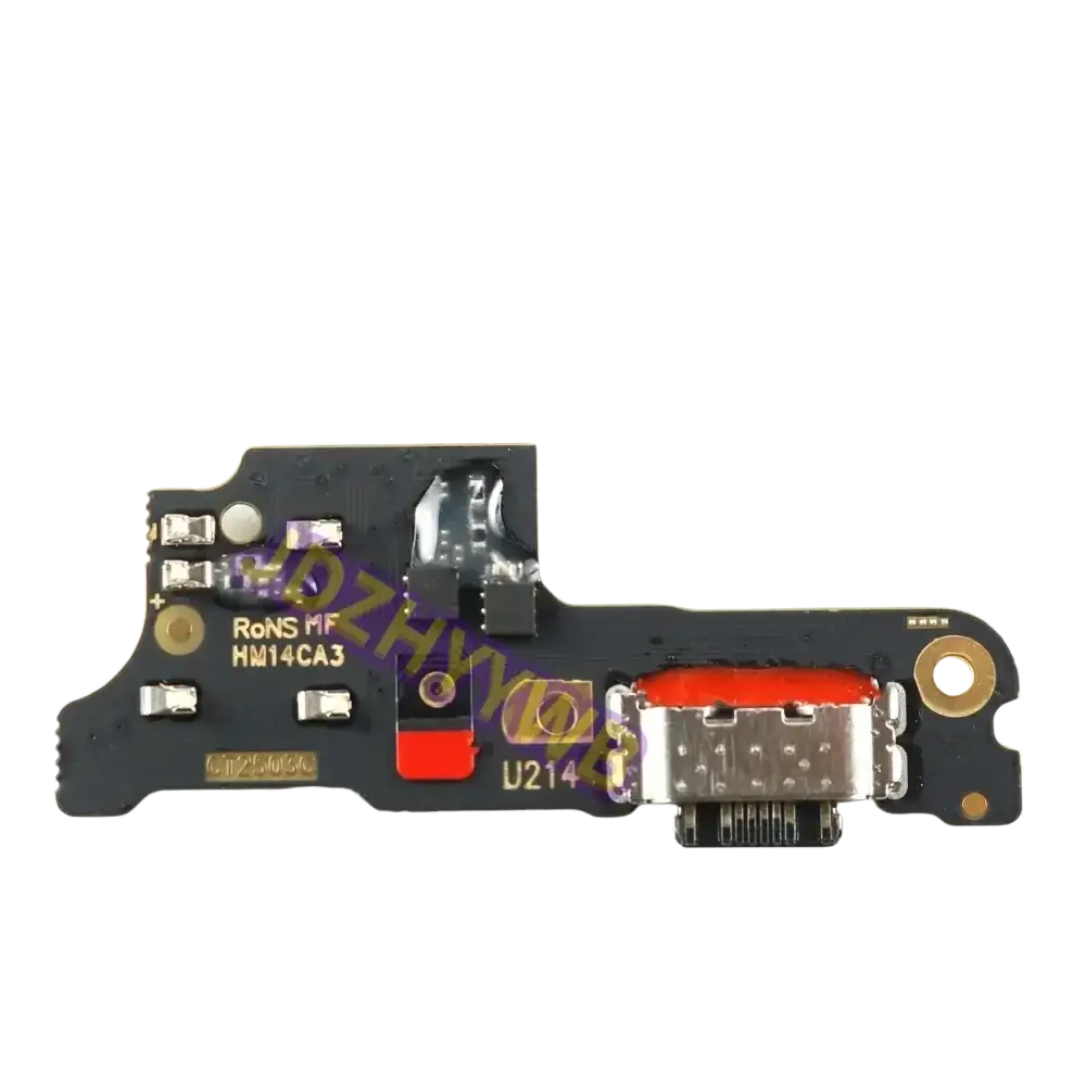 Black redmi 14c charging board flex cable with silver usb-c port and red component featuring rohs mf hm14ca3 and u214 labels