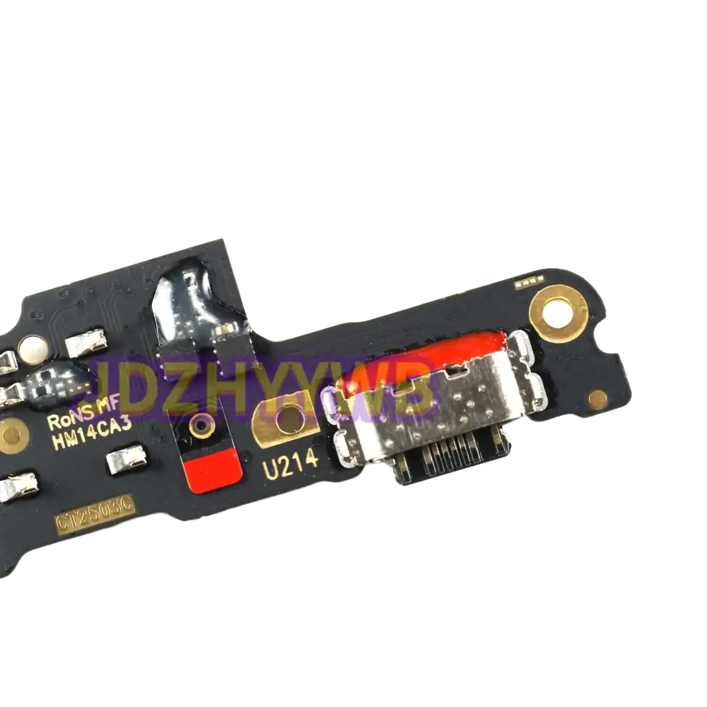 Black redmi 14c charging board flex cable with silver usb-c port, red accent, gold-plated contacts, and labeled components