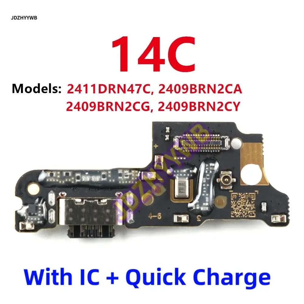 Redmi 14c charging board flex cable with black electronic port, gold-plated connectors, and built-in ic for quick charge