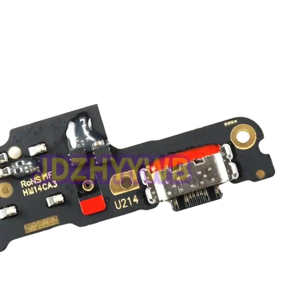 Black Redmi 14c charging board flex cable with gold-plated contacts and red accent strip for smartphone repair
