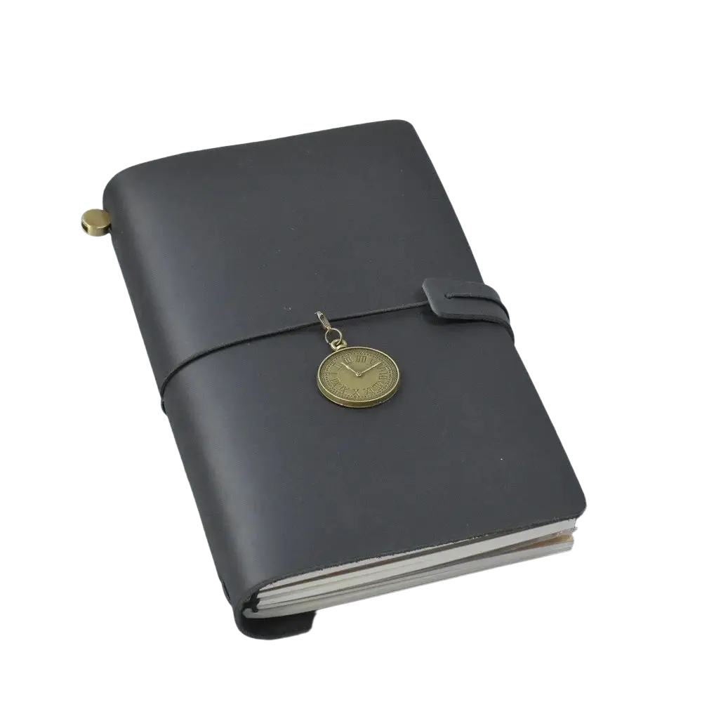 Black genuine leather refillable travel journal notebook with brass clock charm on elastic band closure