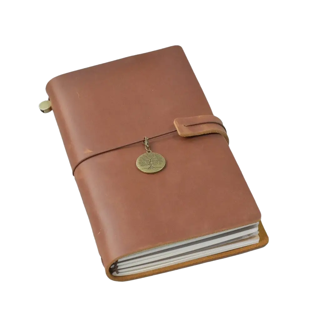 Brown leather refillable genuine leather travel journal notebook featuring a brass tree of life charm and adjustable strap