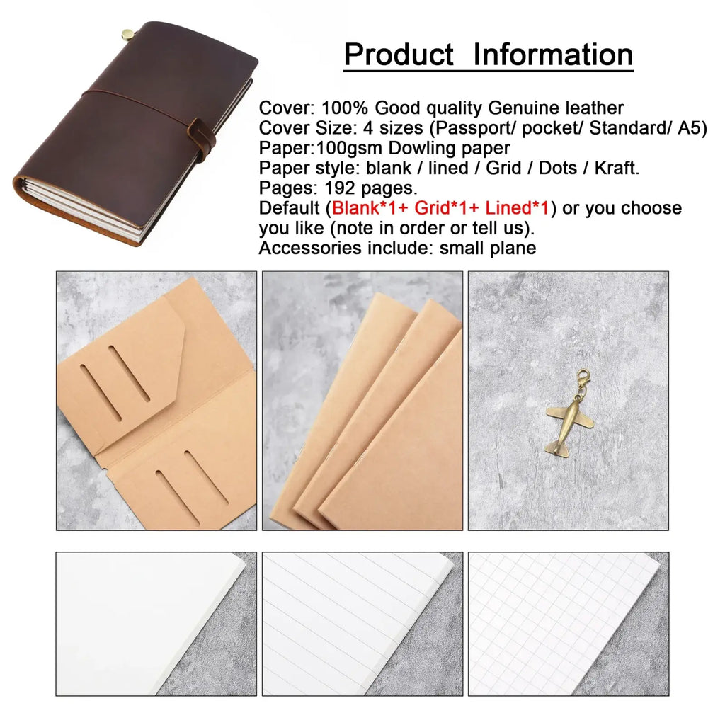 Refillable genuine leather travel journal notebook in brown with minimalist design and small airplane charm attached