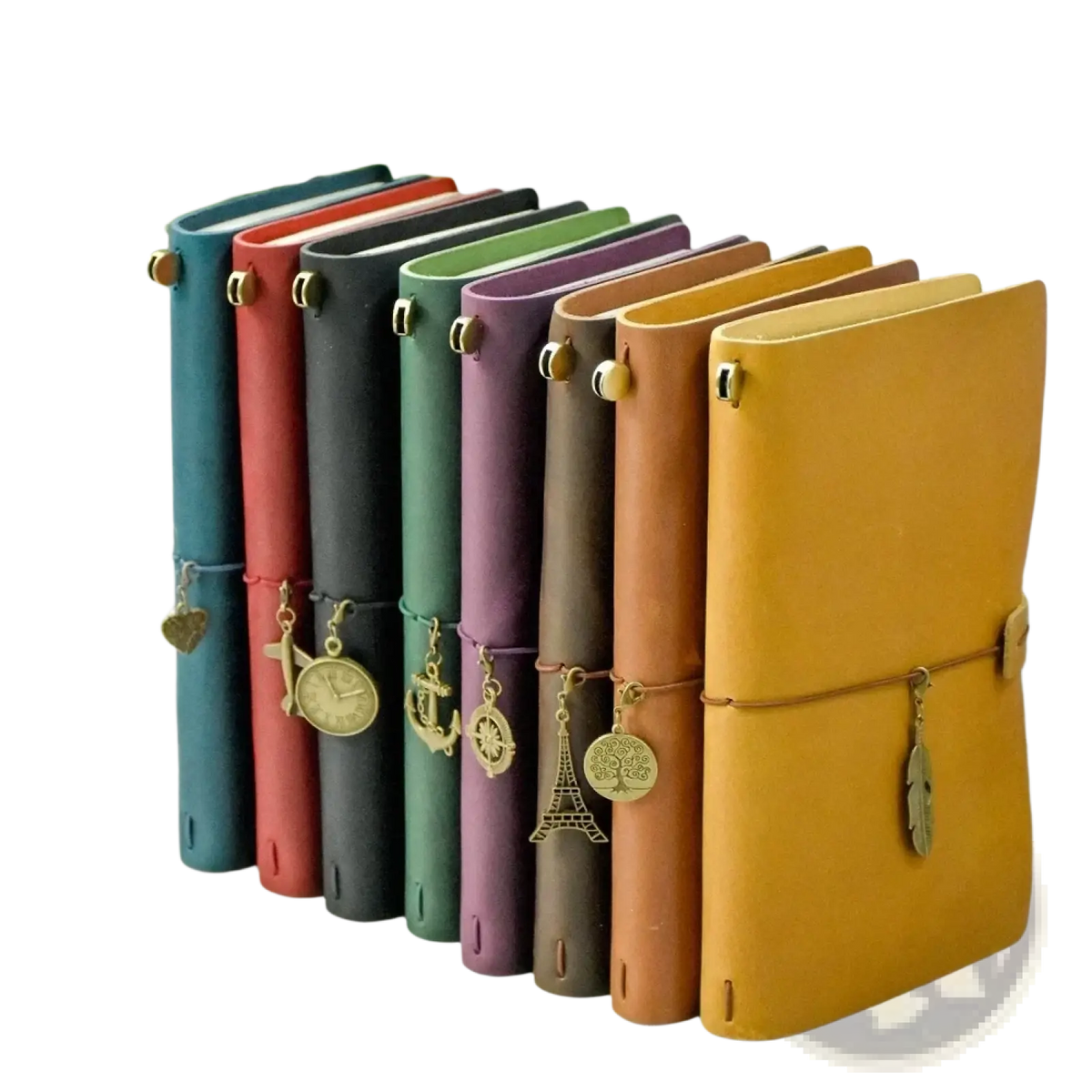 A collection of colorful refillable genuine leather travel journal notebooks with unique metallic charms