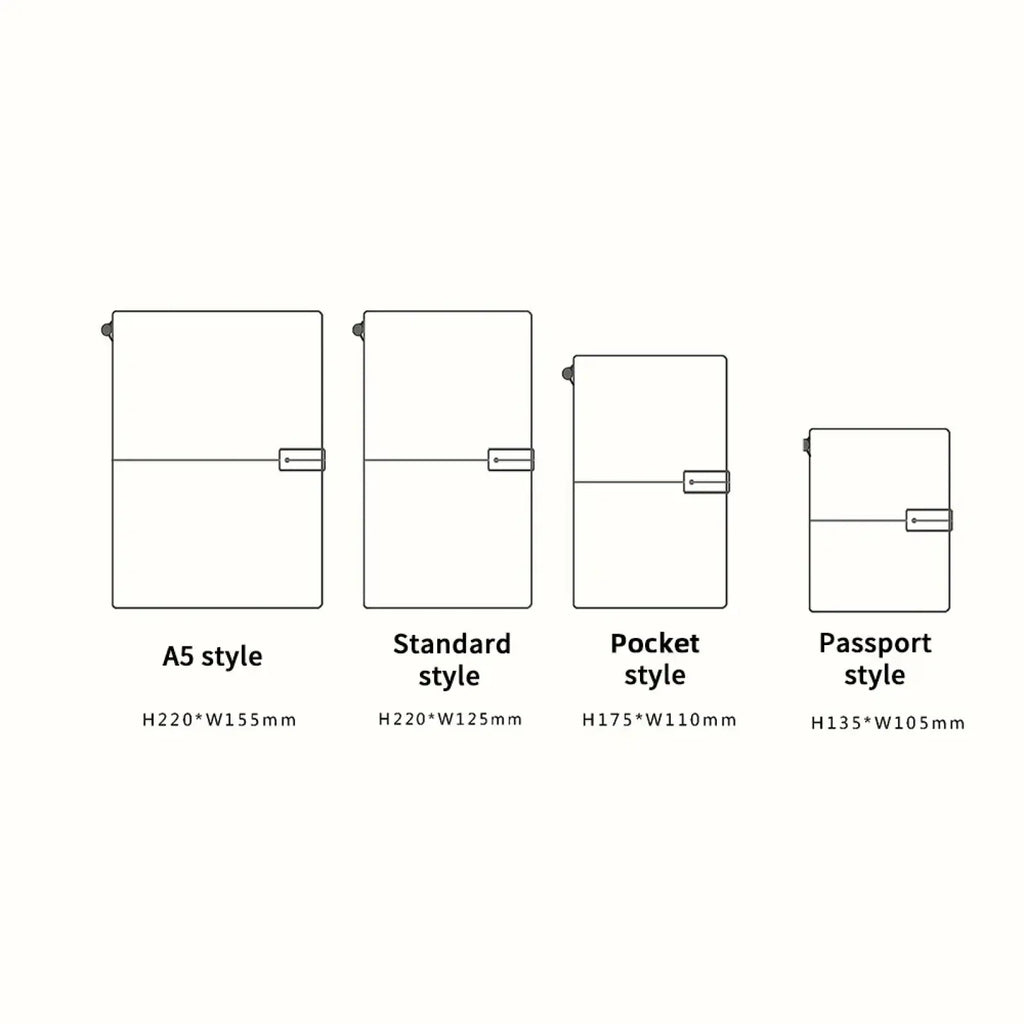 Four minimalist refillable genuine leather travel journal notebooks in a5 standard pocket and passport sizes with clasp closures