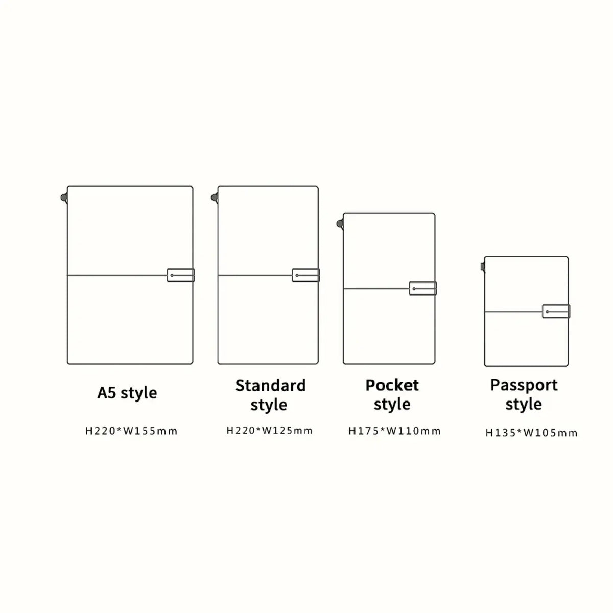 Four minimalist refillable genuine leather travel journal notebooks in a5 standard pocket and passport sizes with clasp closures