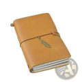 Refillable genuine leather travel journal notebook in tan with brass feather charm and brown cord closure