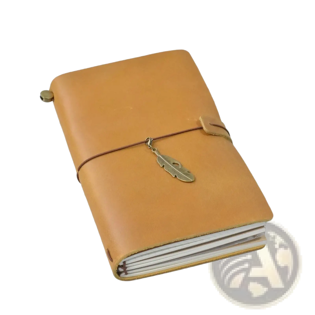 Refillable genuine leather travel journal notebook in tan with brass feather charm and brown cord closure
