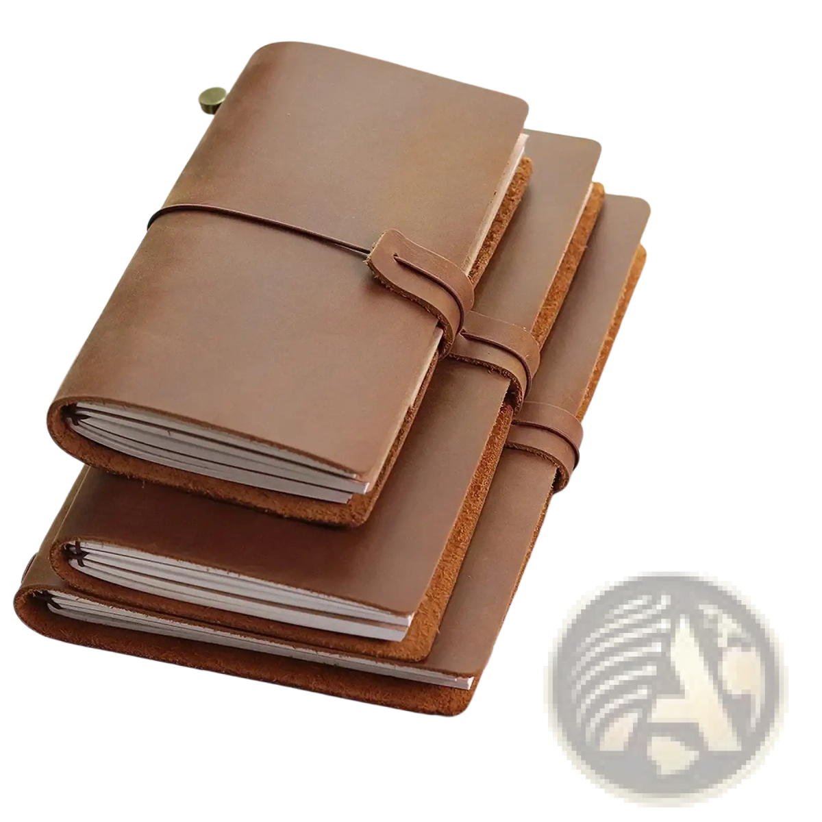 Stacked refillable genuine leather travel journal notebooks in brown with simple rustic design and matching straps