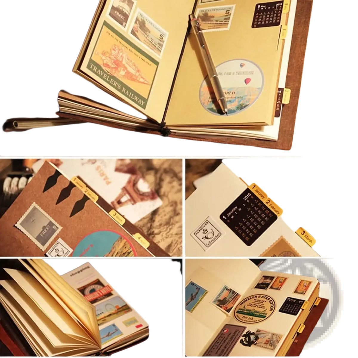 Refillable genuine leather travel journal notebook with vintage-style leather cover and yellowed stamped pages