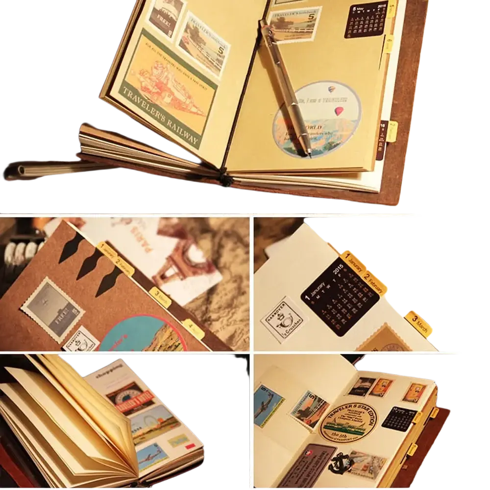 Refillable genuine leather travel journal notebook with vintage-style leather cover and yellowed stamped pages