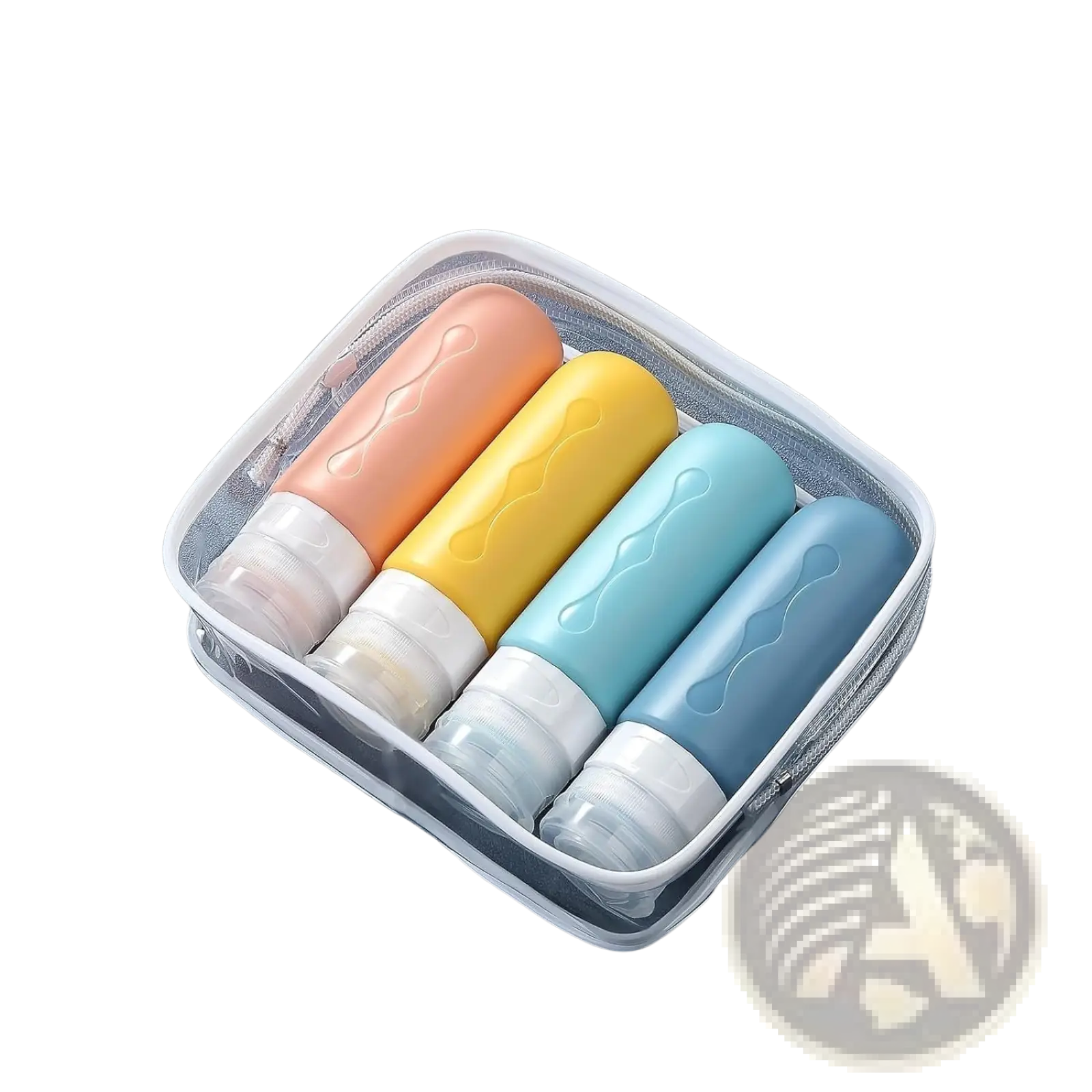 Set of four colorful translucent refillable silicone travel bottles leakproof with white caps in peach yellow blue and navy