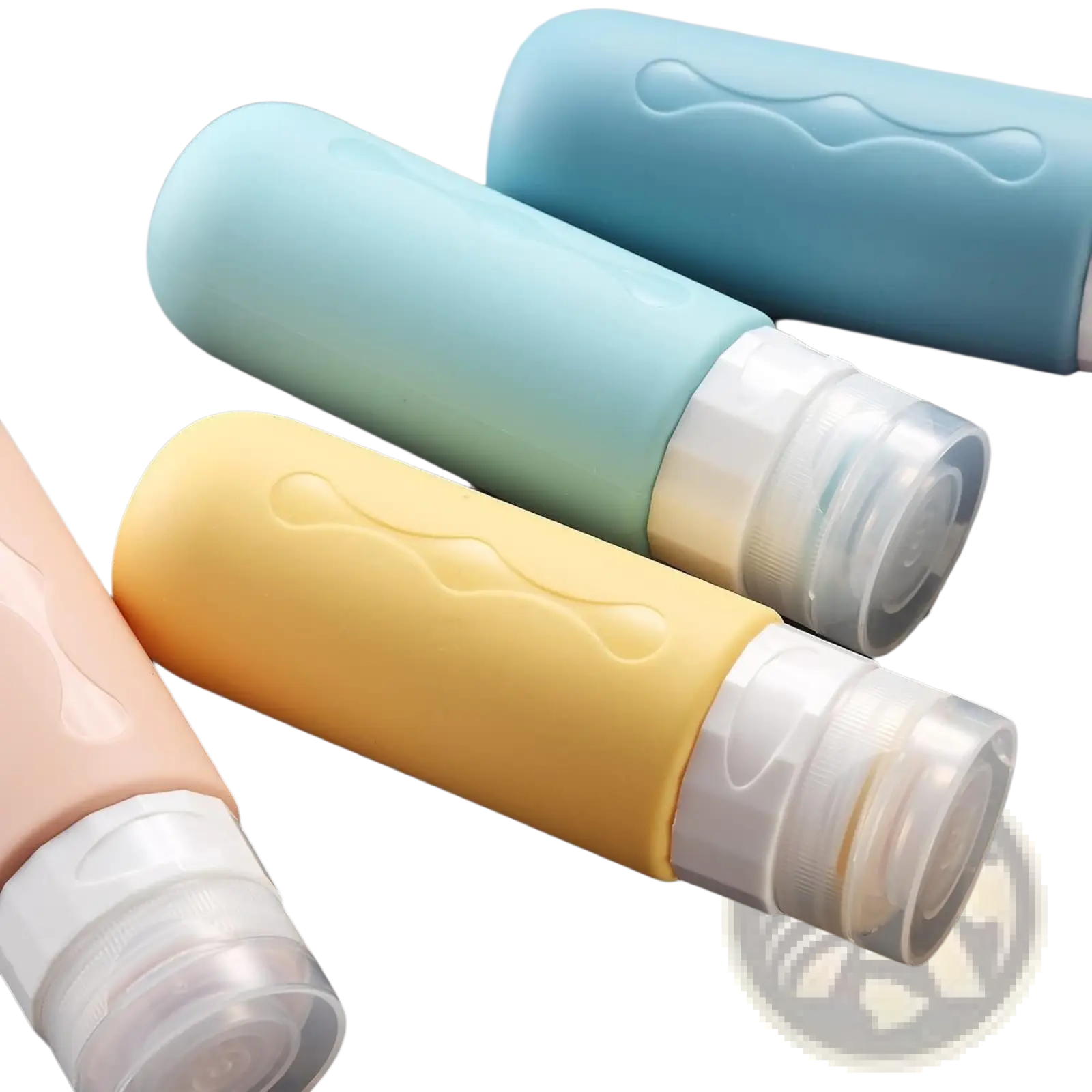 Pastel-colored silicone travel squeeze bottles with clear plastic caps refillable leakproof set for travel use