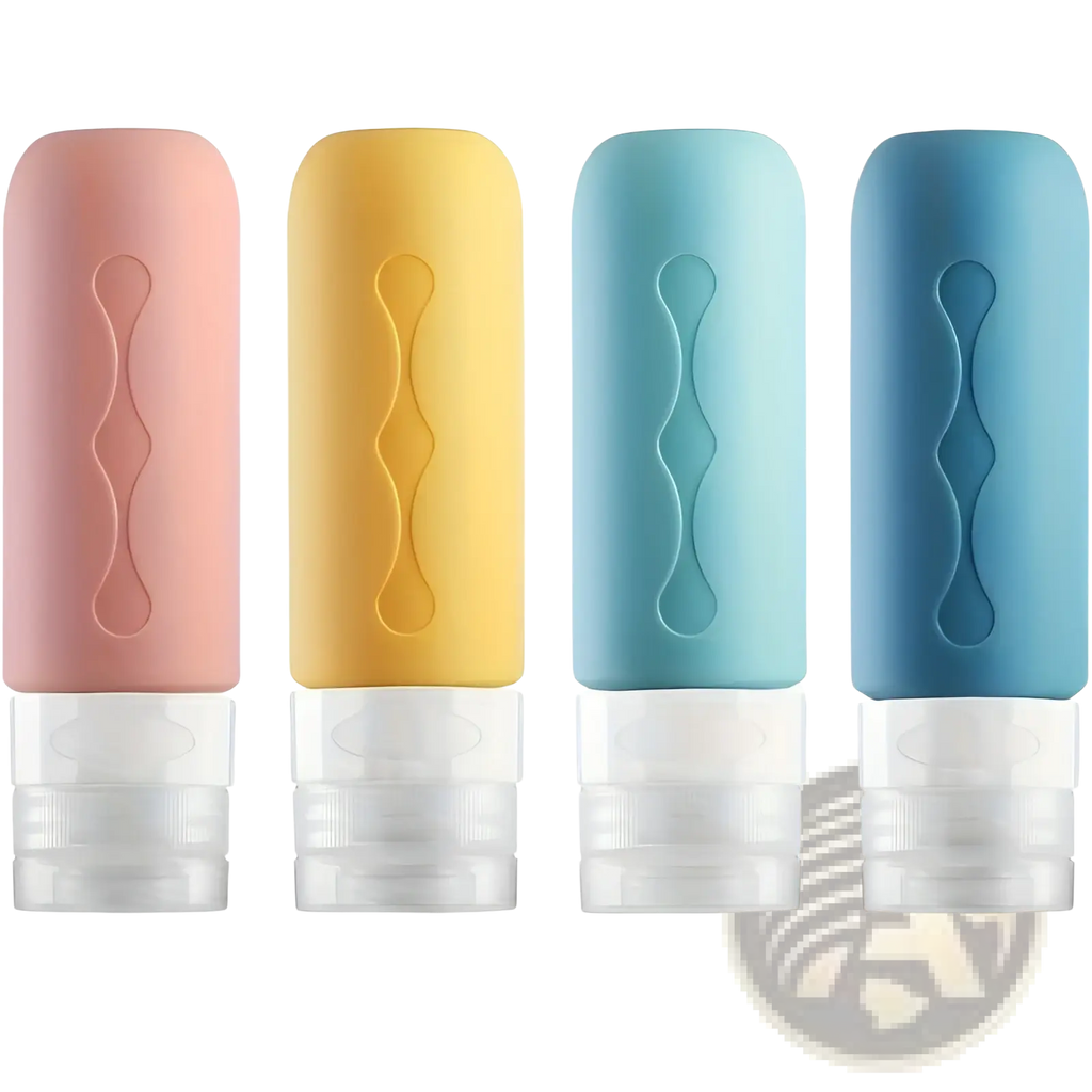 Four pastel-colored refillable silicone travel bottles with leakproof clear caps and wavy embossed design