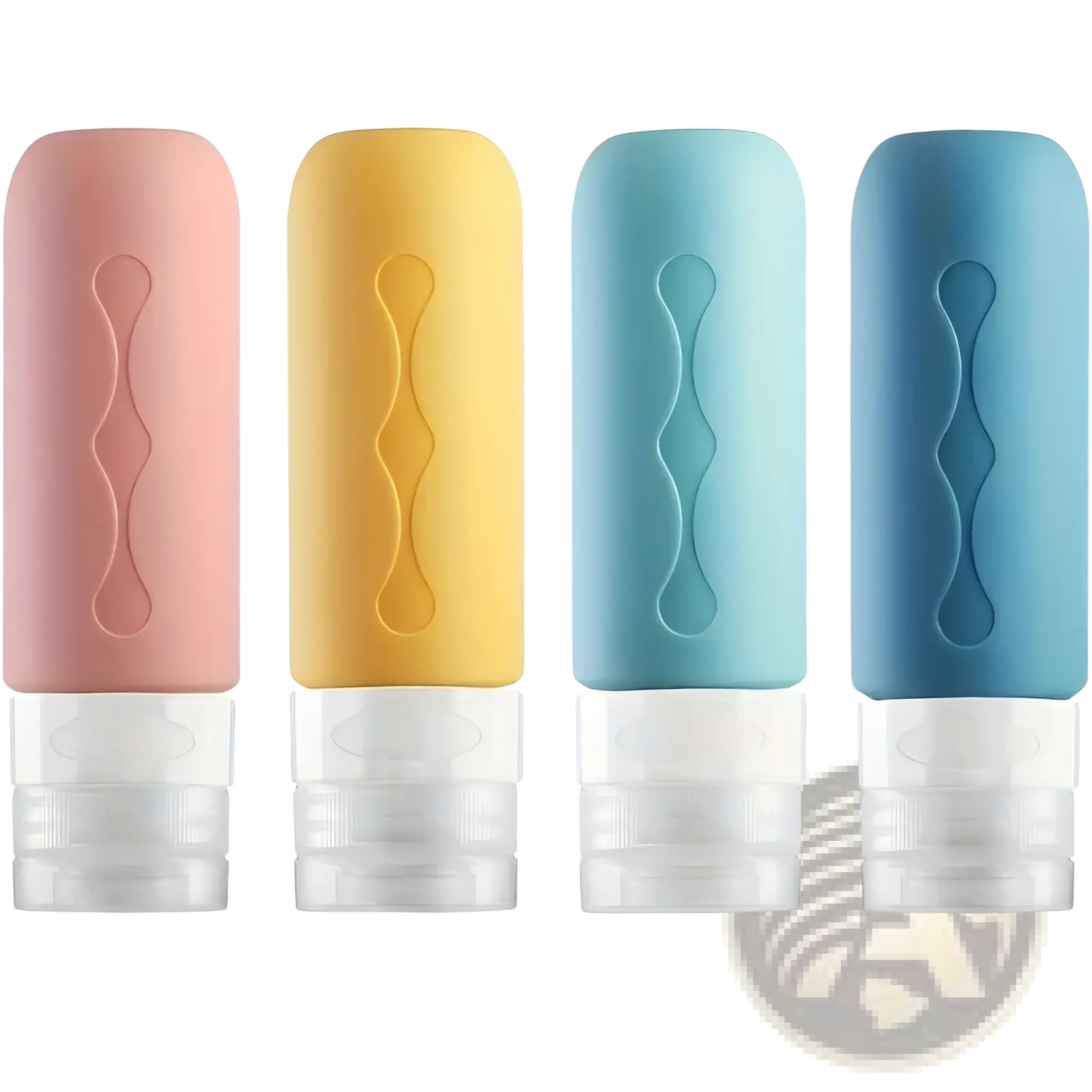 Four pastel-colored refillable silicone travel bottles with leakproof clear caps and wavy embossed design