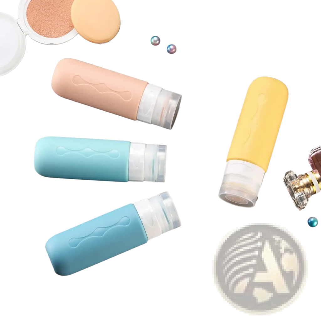 Set of three colorful silicone travel squeeze bottles with clear caps and wavy textured grips leakproof refillable set