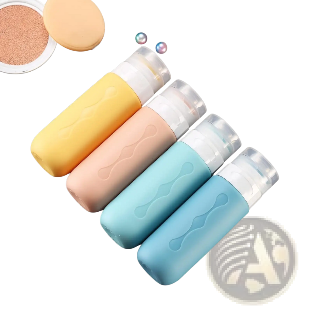 Set of four pastel-colored refillable silicone travel bottles with clear screw-on caps and wavy textured grips