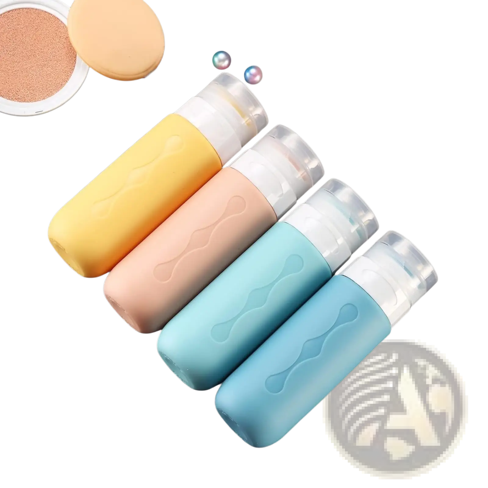 Set of four pastel-colored refillable silicone travel bottles with clear screw-on caps and wavy textured grips