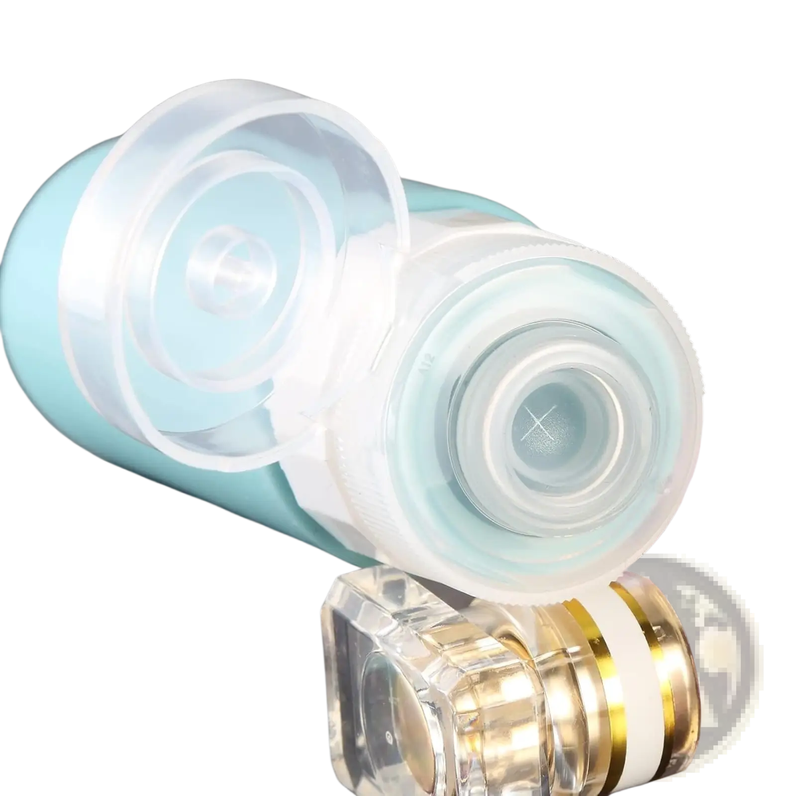 Light blue translucent silicone travel-sized squeeze bottle with clear flip-top cap and inner pump leakproof design