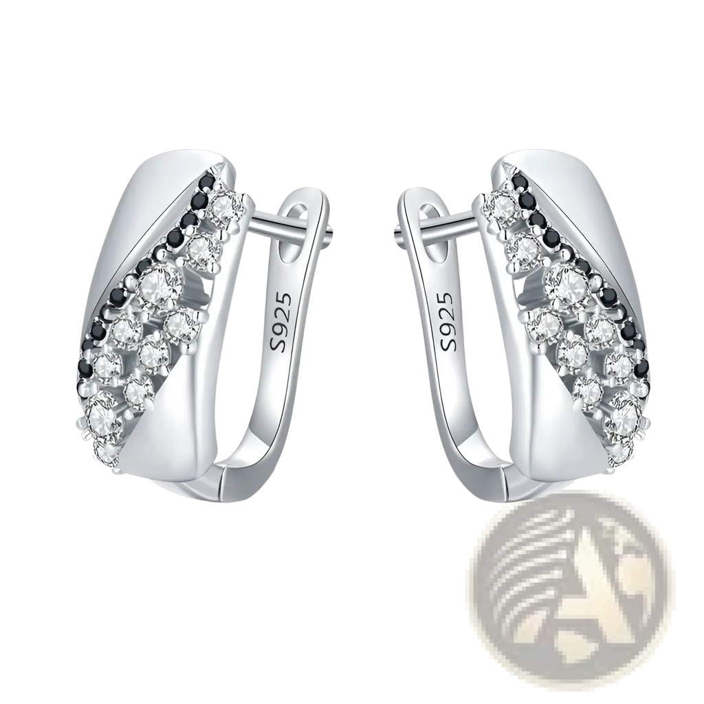 Refined copper round stud earrings for women featuring silver huggie design with diagonal clear and black cubic zirconia stones