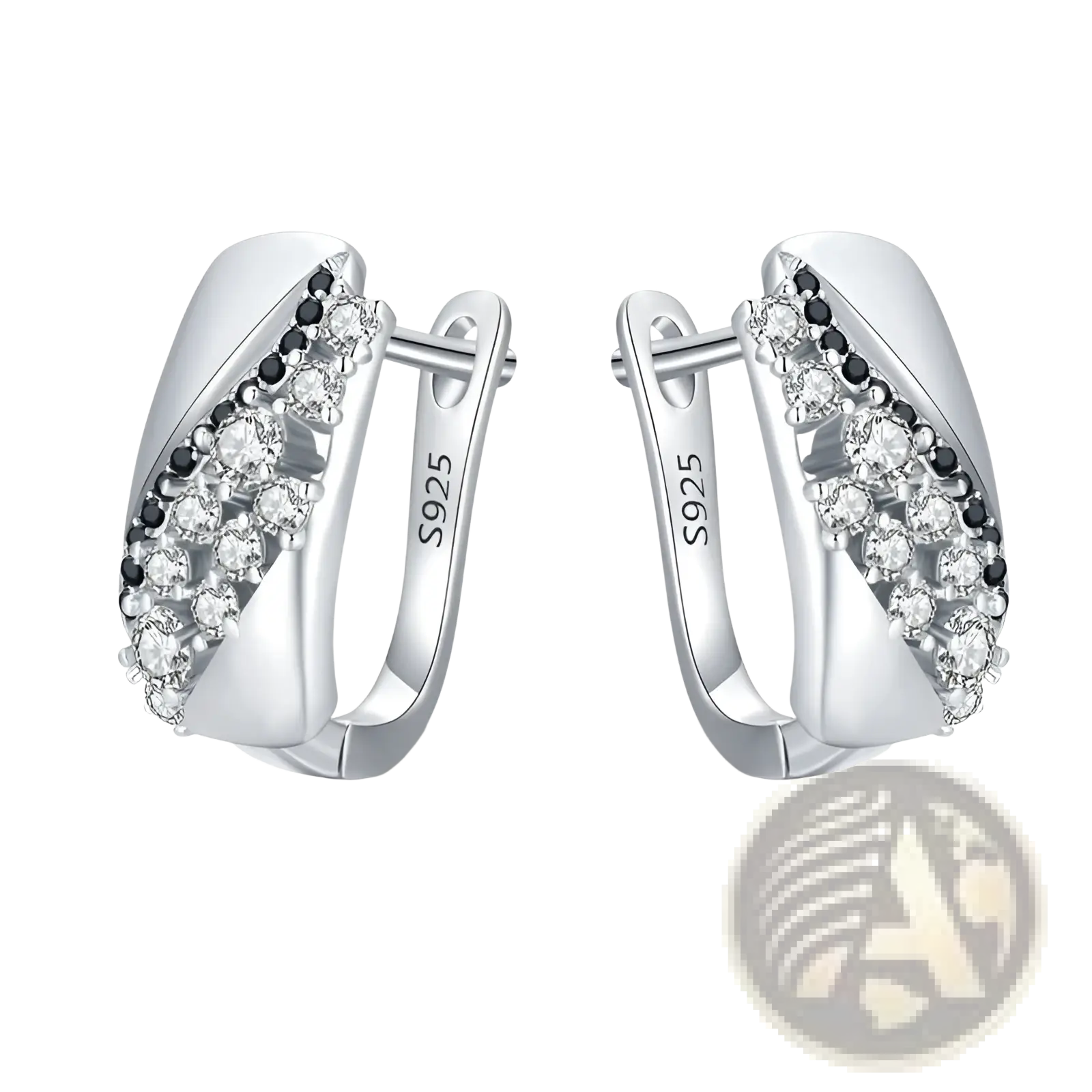 Refined copper round stud earrings for women featuring silver huggie design with diagonal clear and black cubic zirconia stones