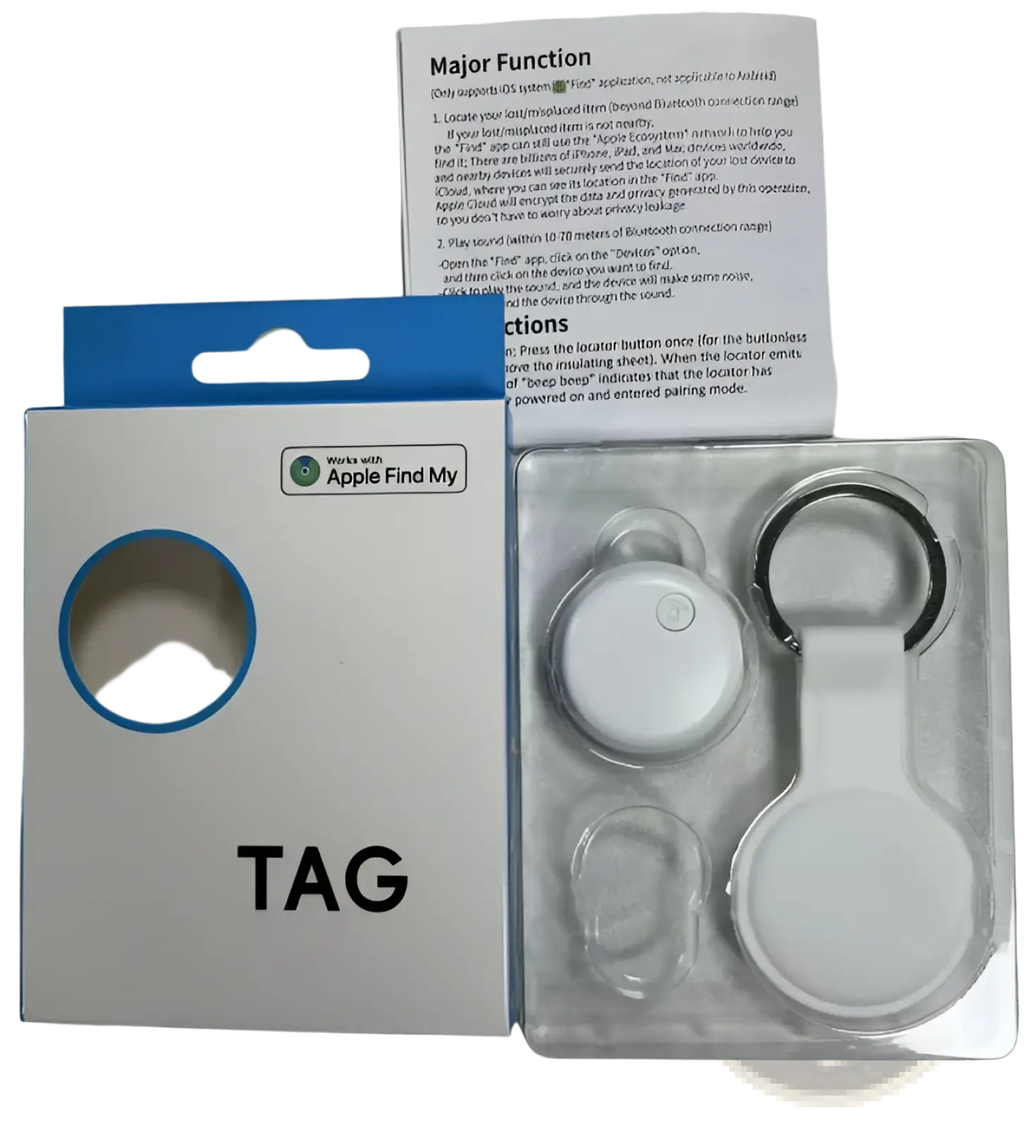 White circular bluetooth tracker with keychain attachment branded tag compatible with apple find my for cat collar use