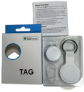 White circular bluetooth tracker with keychain attachment branded tag compatible with apple find my for cat collar use