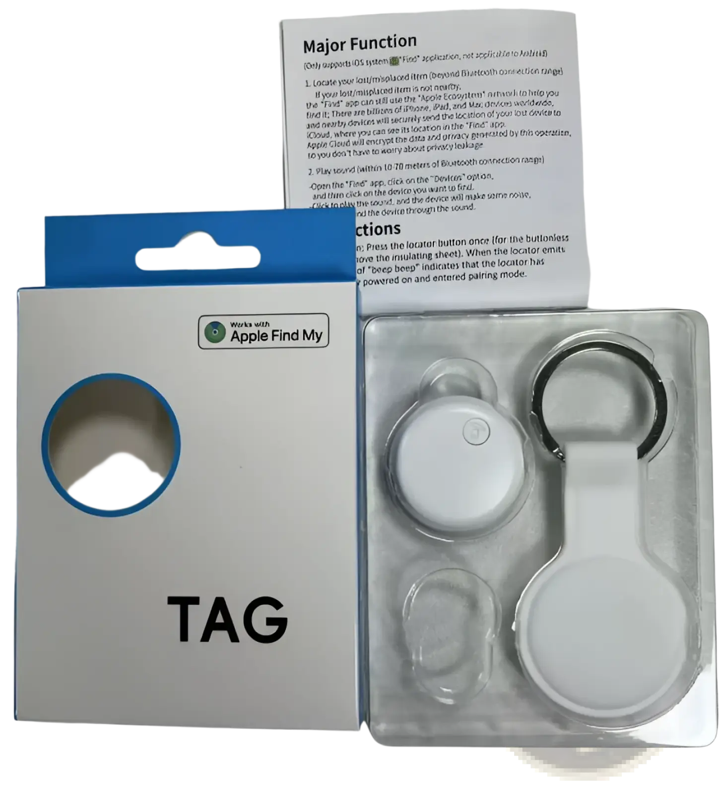 White circular bluetooth tracker with keychain attachment branded tag compatible with apple find my for cat collar use