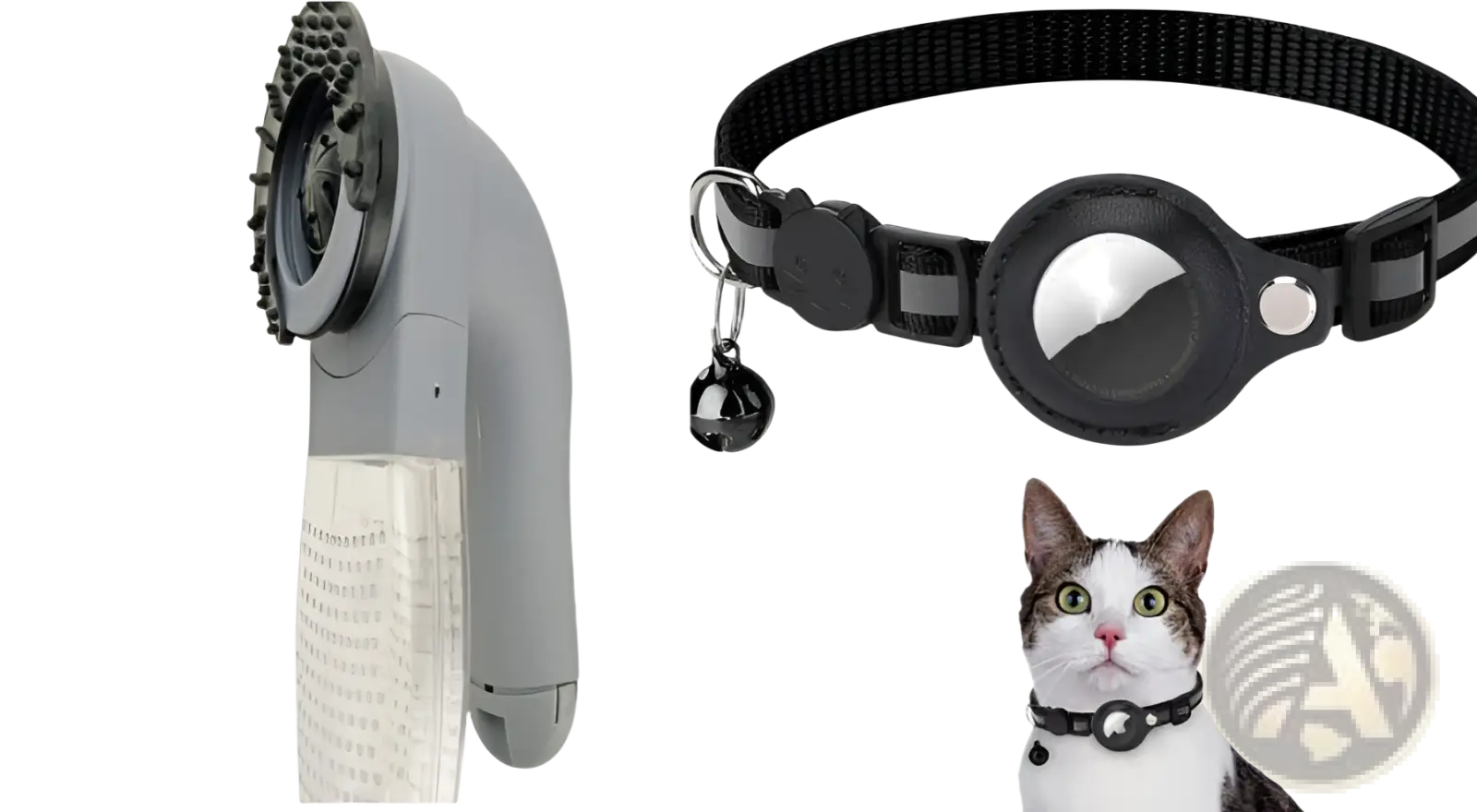 Black reflective airtag cat collar with silver circular tracker and dangling bell featuring safety buckle