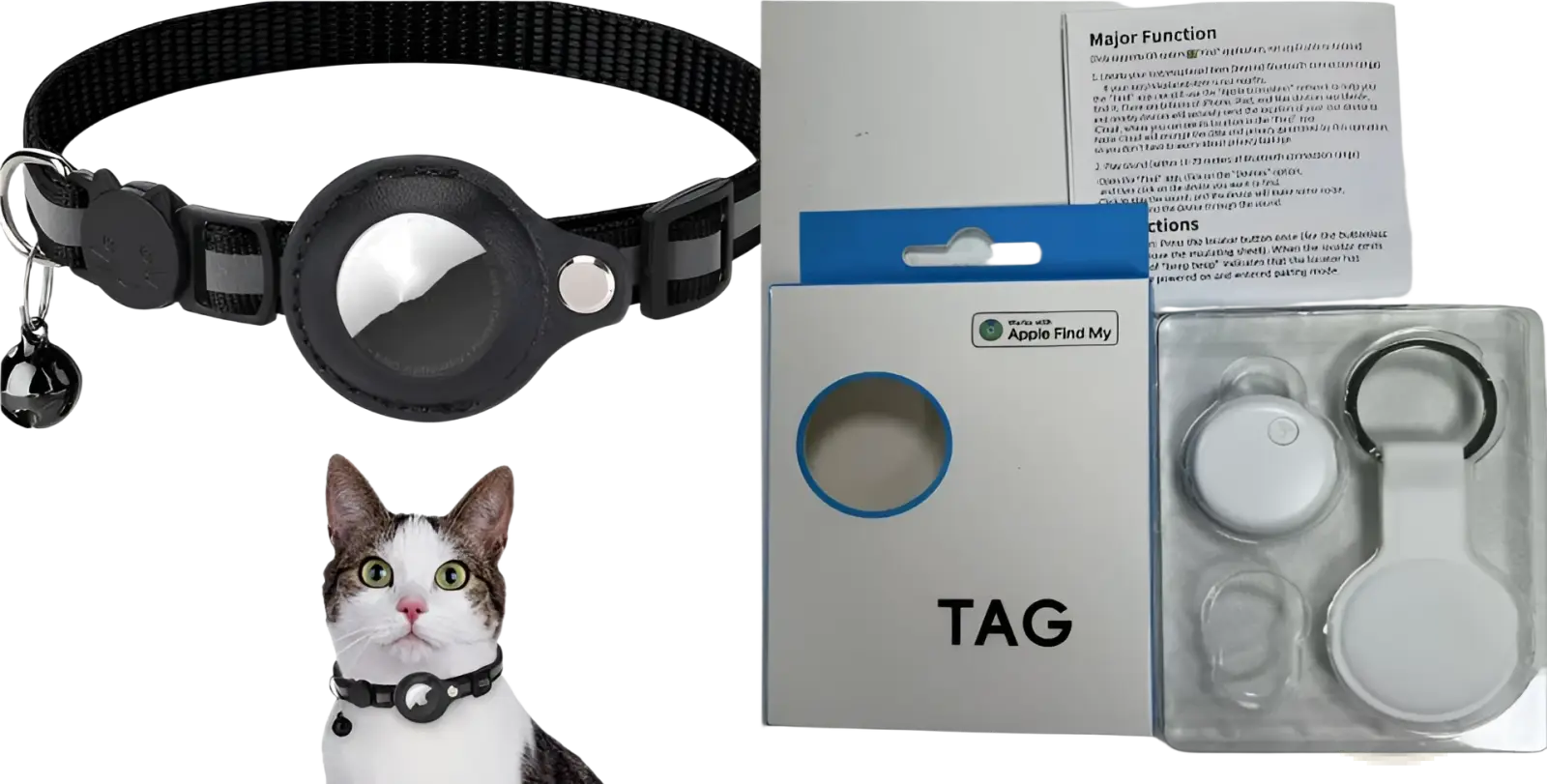 Black reflective airtag cat collar with safety buckle featuring fabric material circular airtag and small bell charm