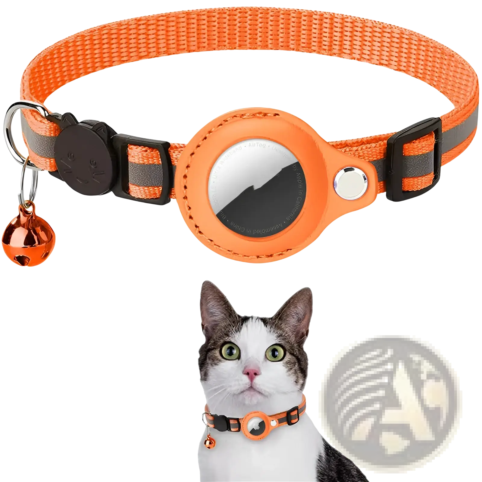 Orange woven nylon reflective airtag cat collar with black safety buckle and silver reflective tracker case with bell