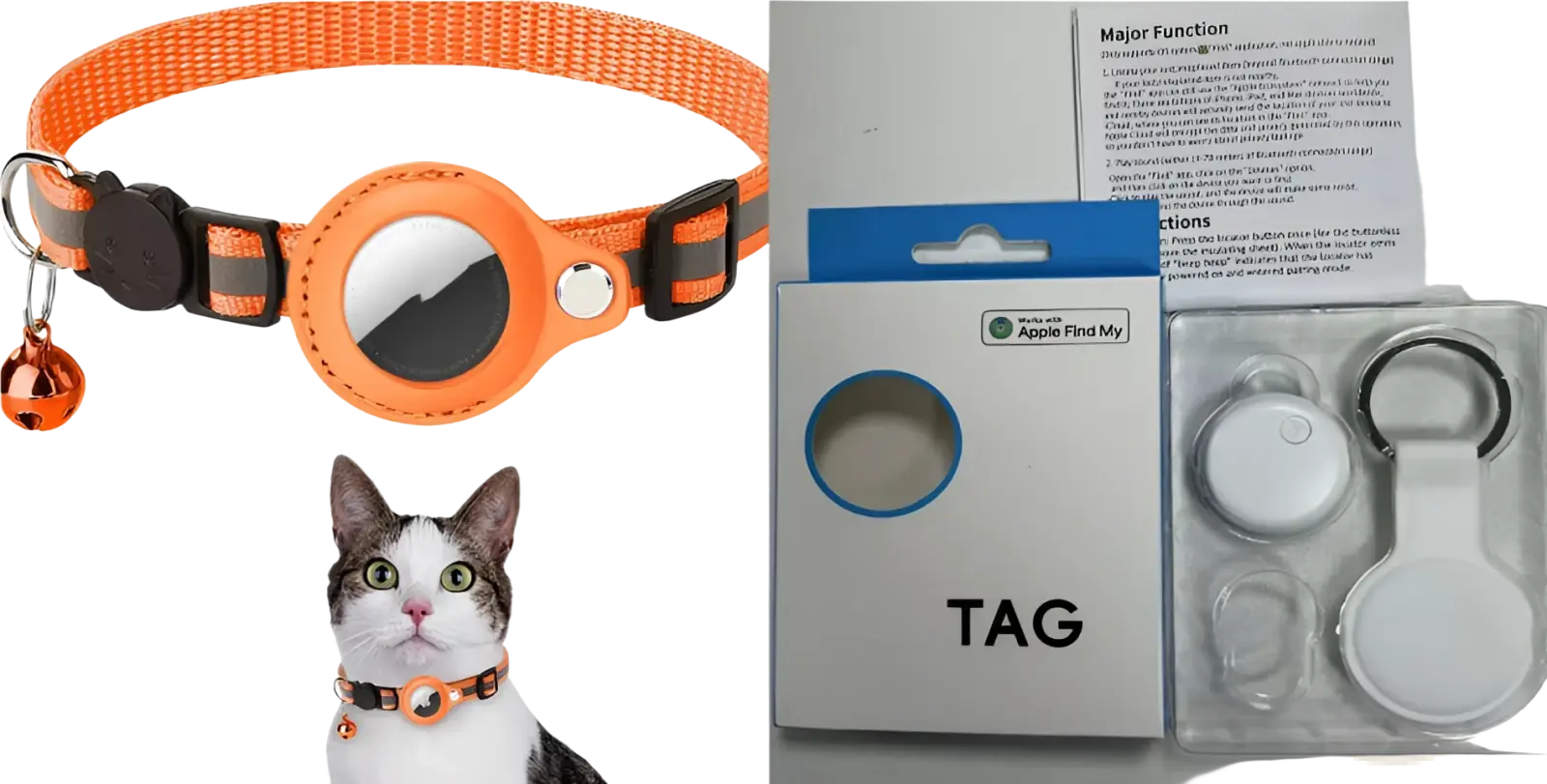 Reflective airtag cat collar in orange nylon with black safety buckle and circular apple find my tag attachment