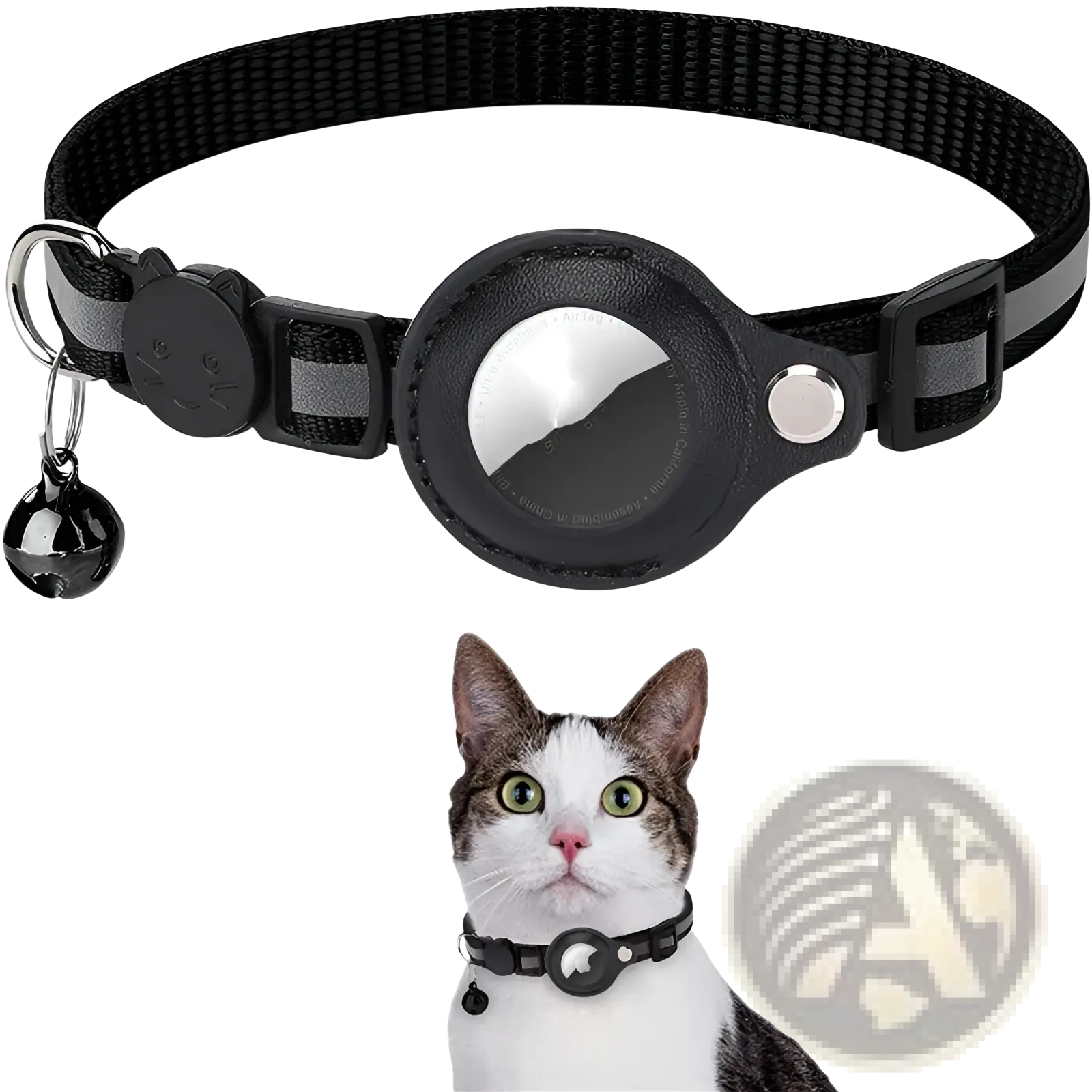 Black reflective cat collar with safety buckle featuring a black leather-like airtag holder and small bell charm