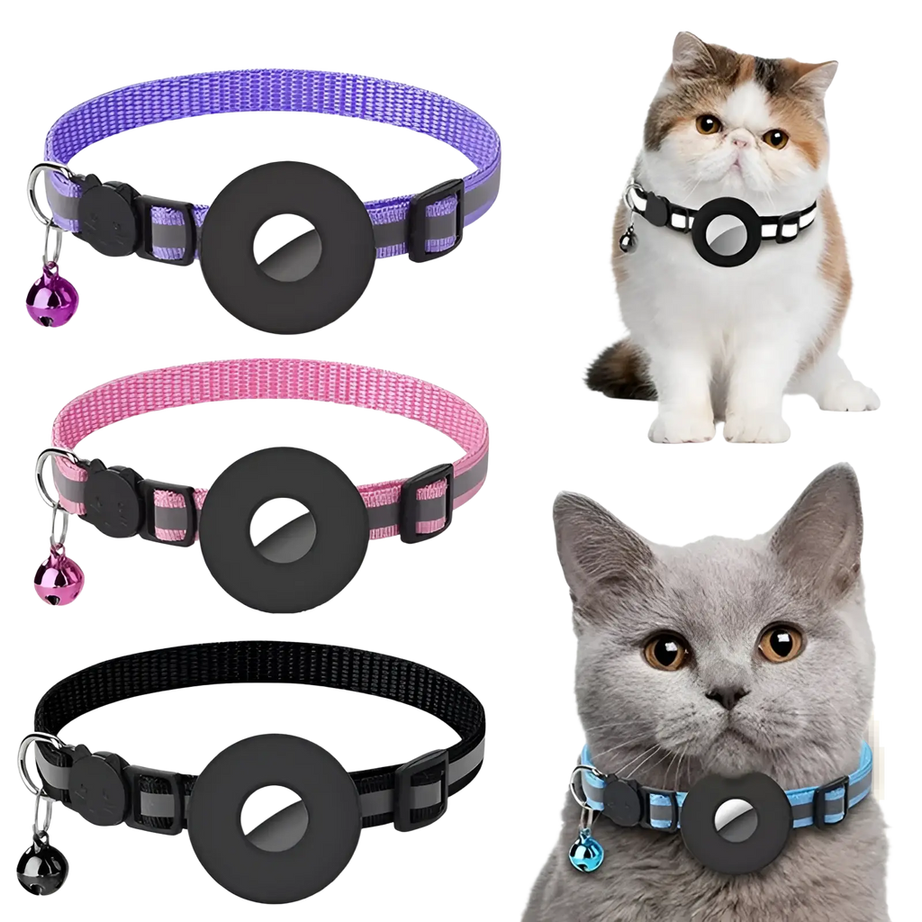 Reflective airtag cat collars in purple pink and black woven material with safety buckles magnetic tags and bells