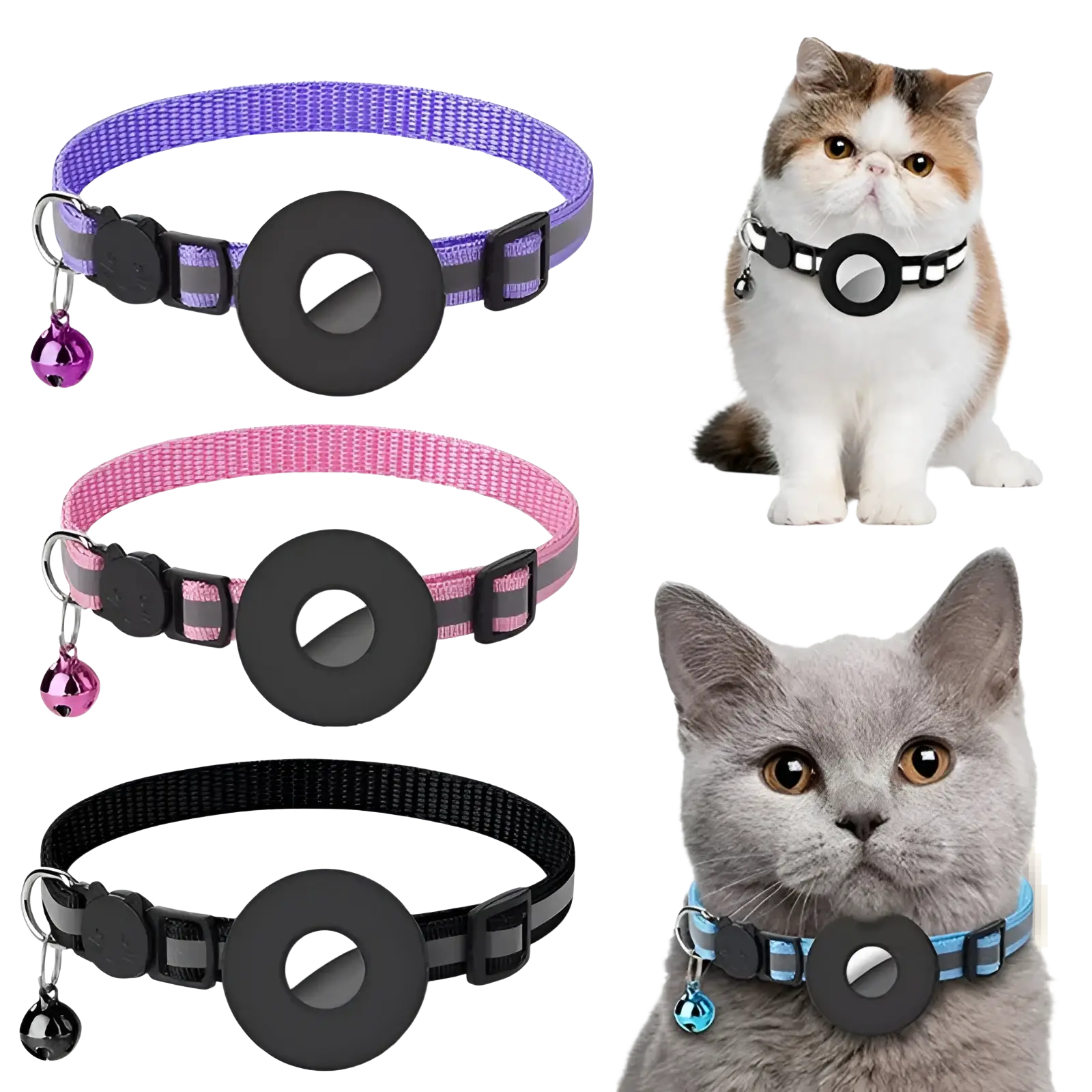 Reflective airtag cat collars in purple pink and black woven material with safety buckles magnetic tags and bells