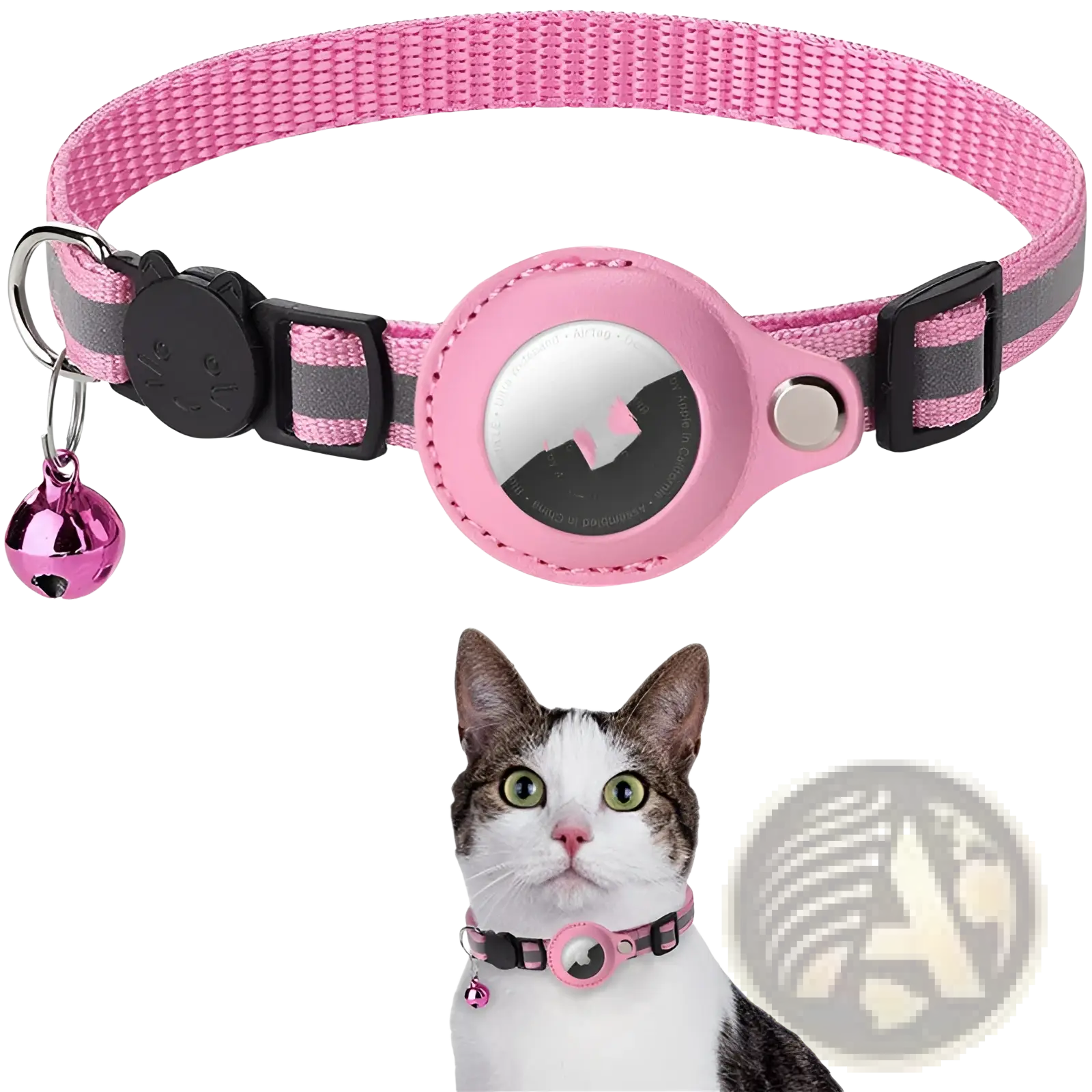 Pink woven reflective airtag cat collar with safety buckle and silicone airtag holder with matching bell charm