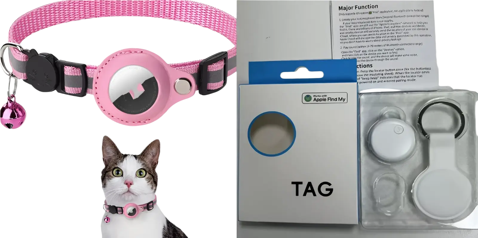 Reflective pink nylon airtag cat collar with safety buckle black accents apple tag and matching pink bell charm