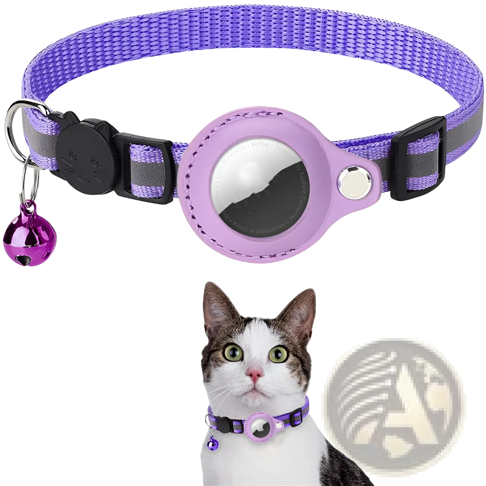 Reflective purple woven cat collar with safety buckle and lavender silicone airtag case with metallic bell