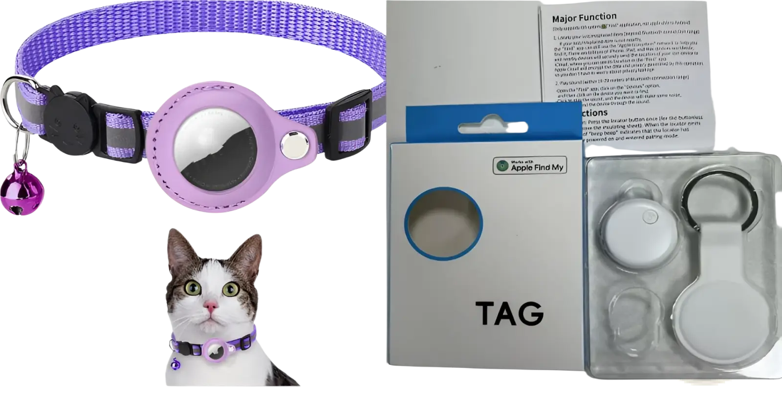 Reflective airtag cat collar in purple woven nylon with lavender silicone apple find my tag and dangling purple bell