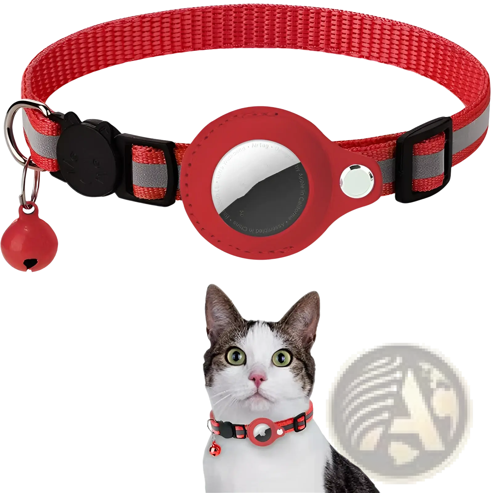 Reflective airtag cat collar in red woven material with safety buckle and circular red silicone airtag case