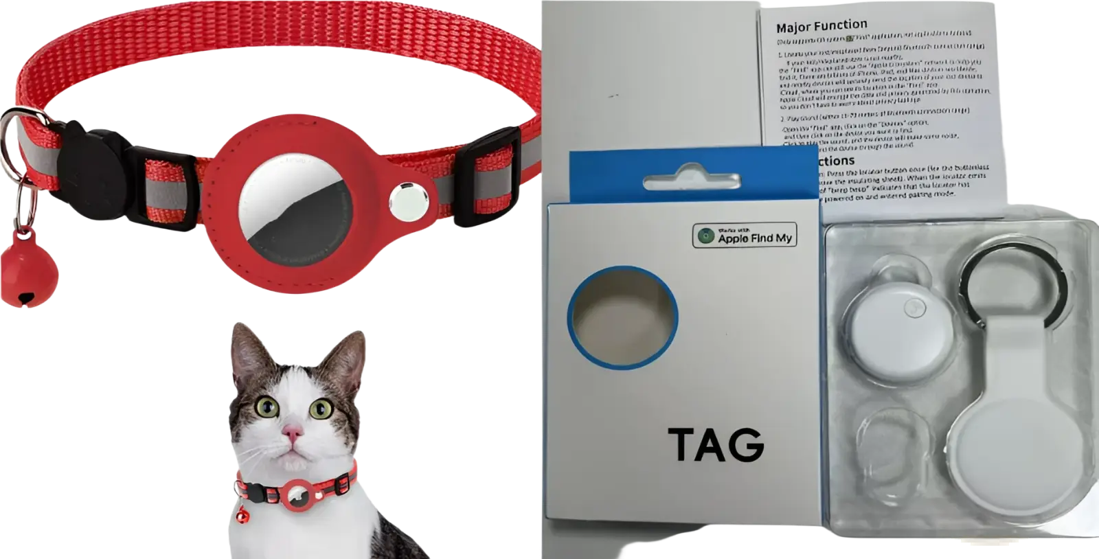 Reflective red pet collar with safety buckle featuring a silver-trimmed apple find my tag and a small red bell charm