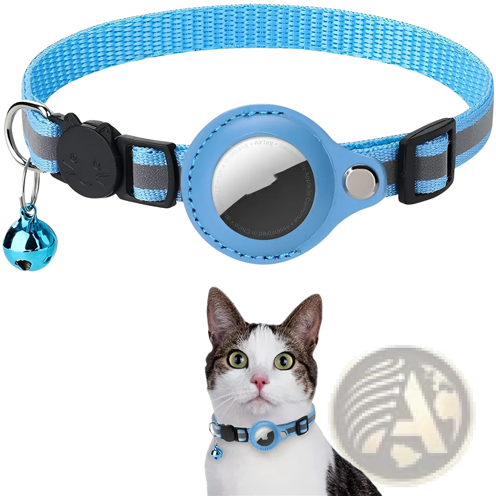 Reflective airtag cat collar in blue woven material with safety buckle black plastic airtag holder and metallic bell charm