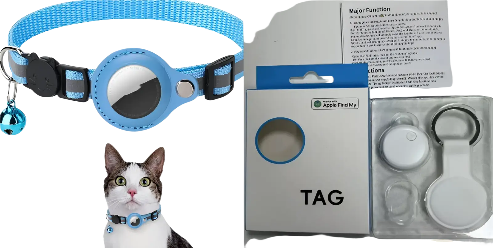 Blue woven reflective Airtag cat collar with black safety buckle and silver tag featuring a small blue bell charm