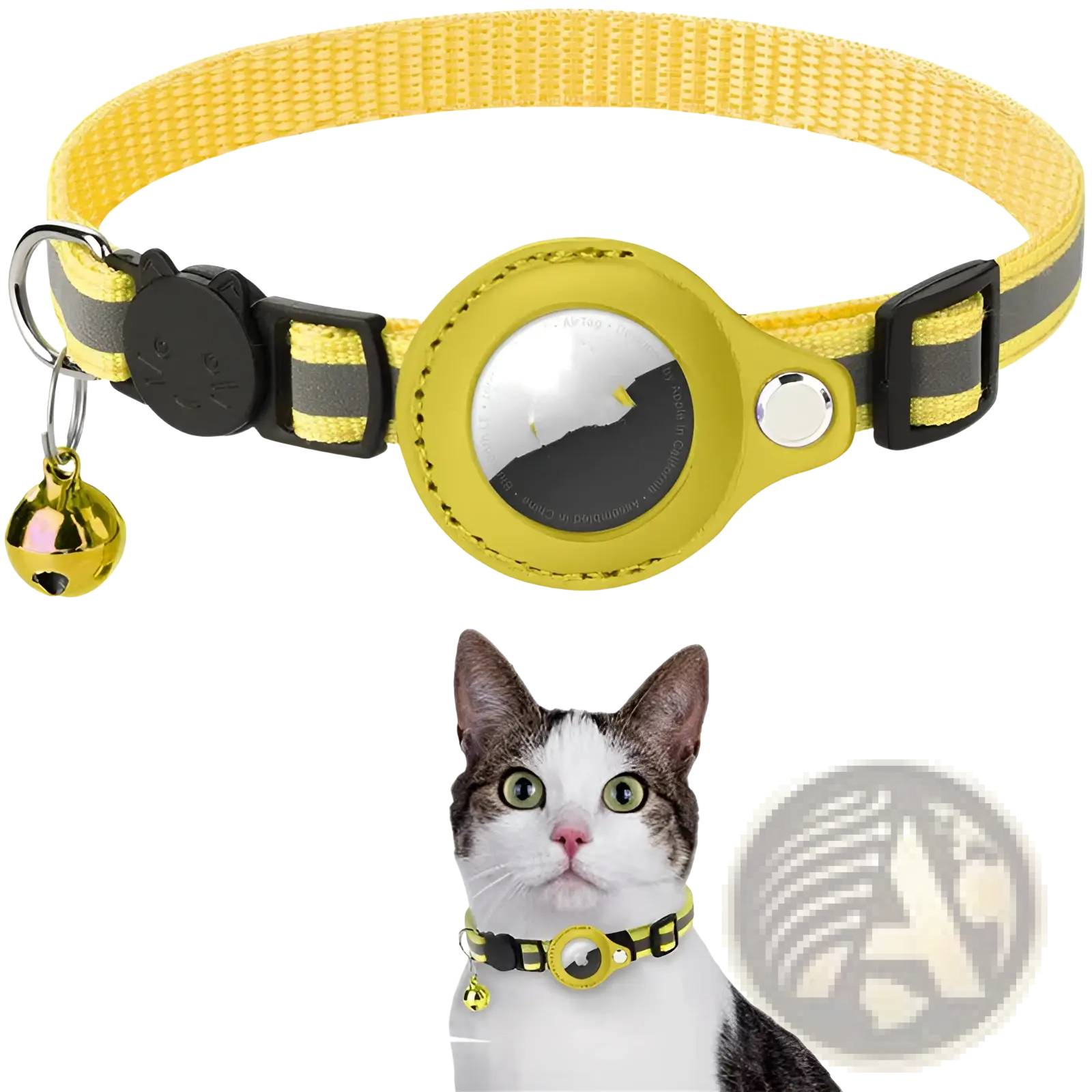 Reflective airtag cat collar in yellow with reflective stripes, black plastic safety buckle, and circular airtag case