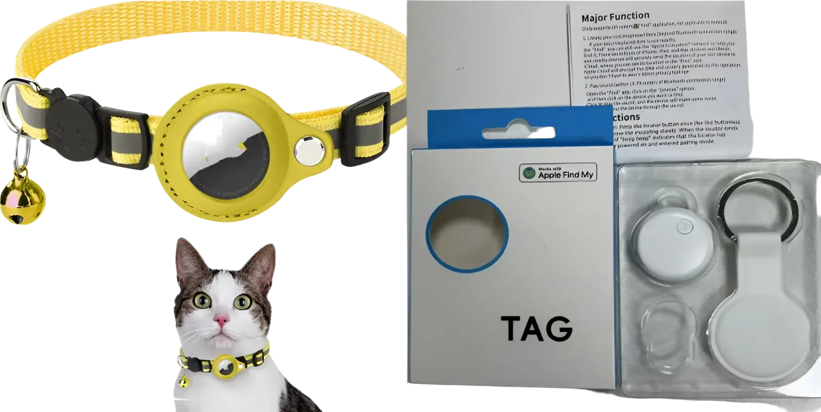 Yellow reflective airtag cat collar with safety buckle featuring a circular apple find my tag and small bell